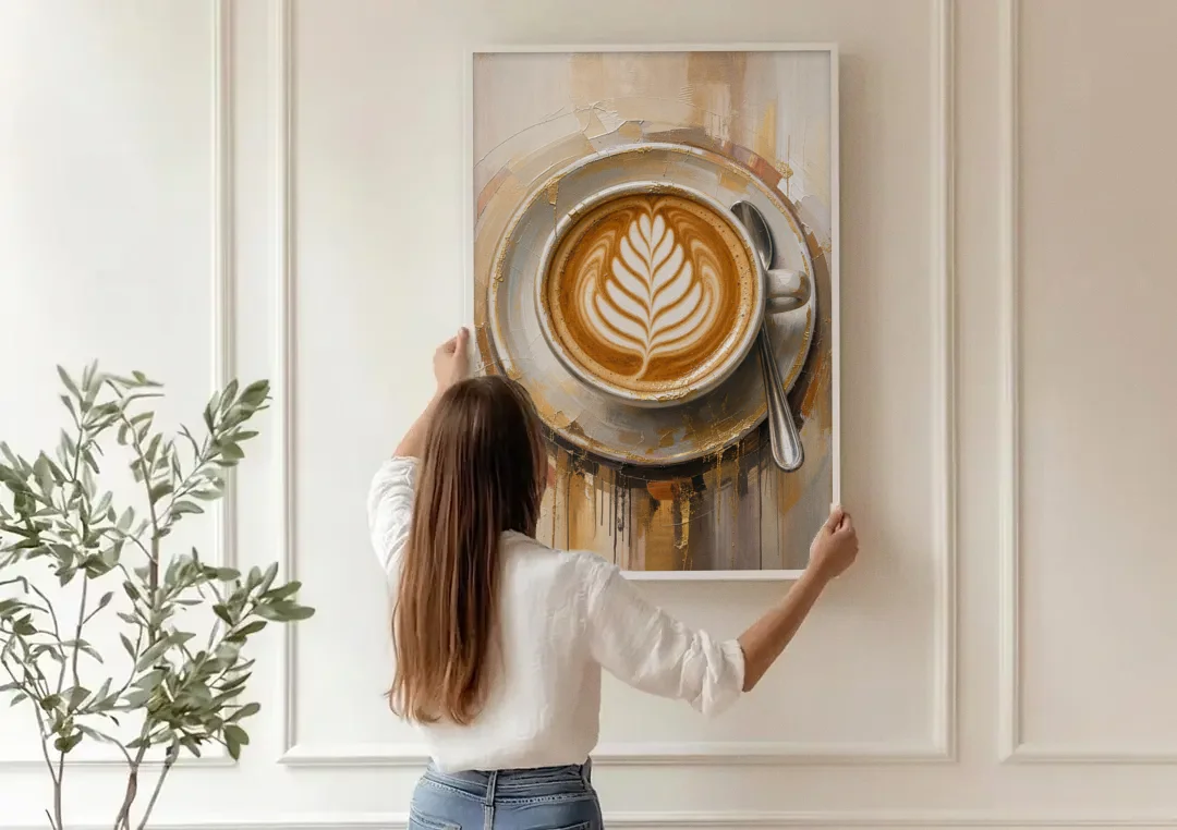 Coffee Cup Canvas Rosetta Latte in Gold canvas wall art being hung on a paneled wall