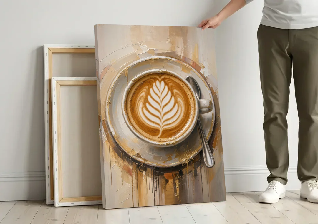 Coffee Cup Canvas Rosetta Latte in Gold canvas wall art leaning against a wall next to blank canvases