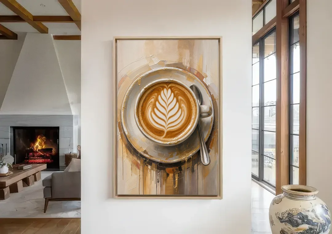 Coffee Cup Canvas Rosetta Latte in Gold canvas wall art in a living room with a fireplace