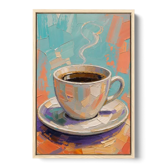 Coffee Cup Painting in Palette Knife Pastels - Oak Framed Canvas Wall Art - Front