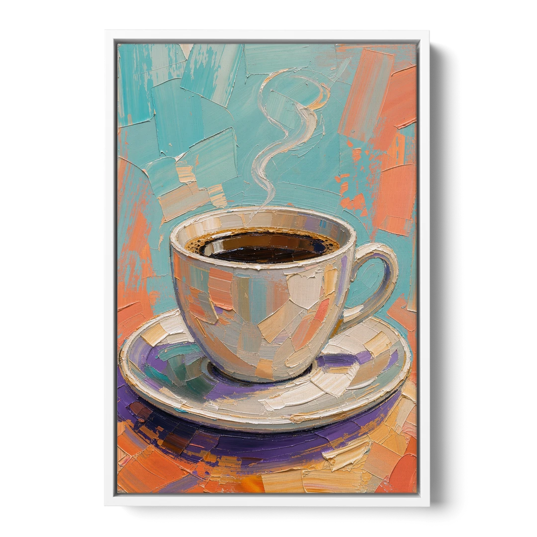 Coffee Cup Painting in Palette Knife Pastels - White Framed Canvas Wall Art - Front