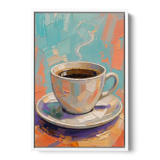 Coffee Cup Painting in Palette Knife Pastels - White Framed Canvas Wall Art - Front