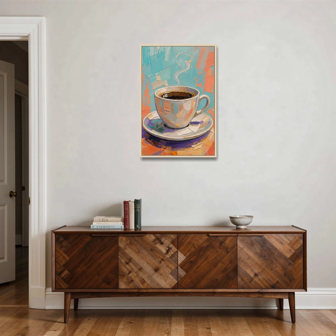 Coffee Cup Painting in Palette Knife Pastels - Oak Framed Canvas Wall Art - Coffee Table - 24x36