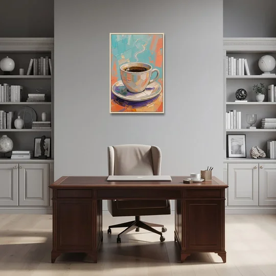 Coffee Cup Painting in Palette Knife Pastels - Oak Framed Canvas Wall Art - Office - 24x36