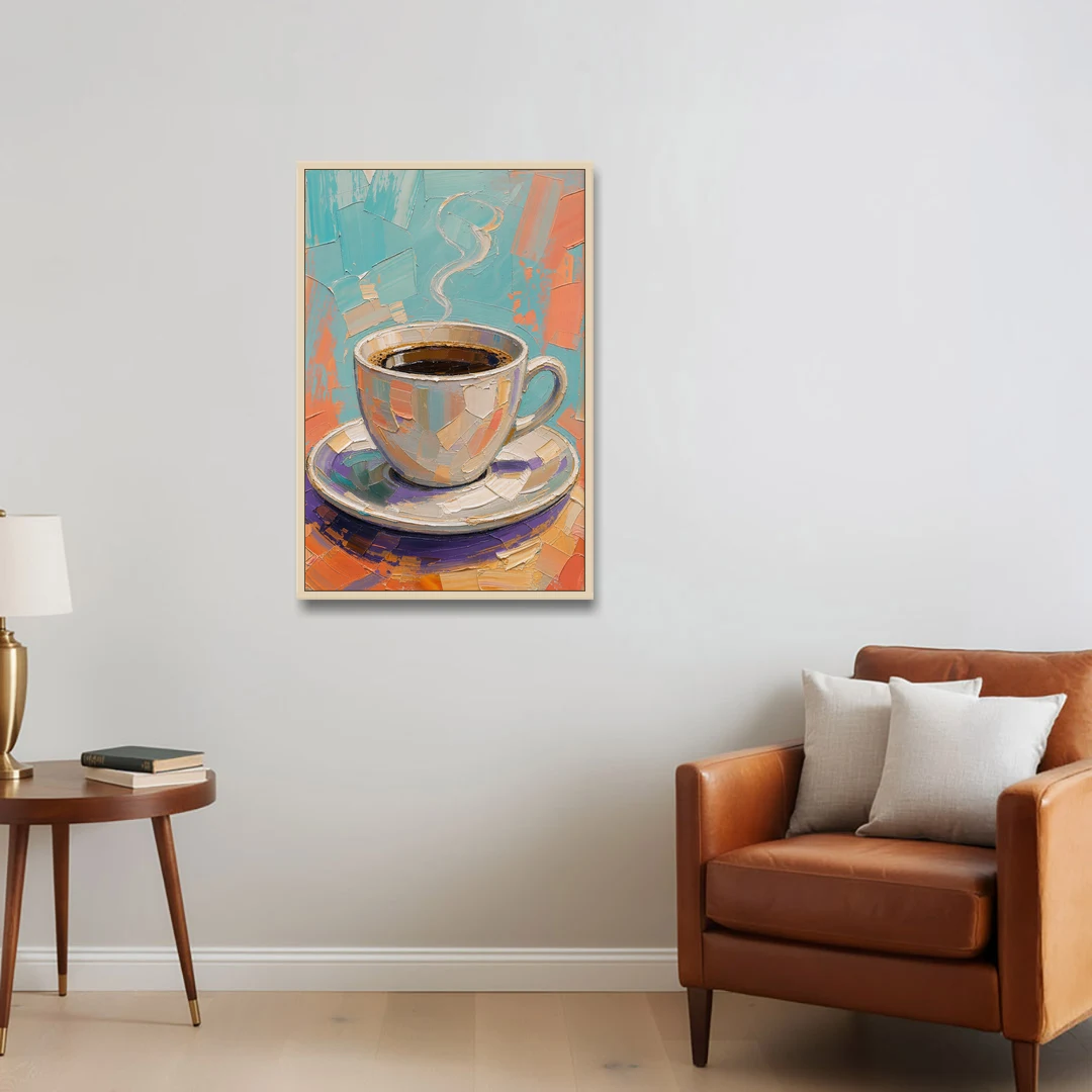 Coffee Cup Painting in Palette Knife Pastels - Oak Framed Canvas Wall Art - Sofa - 24x36