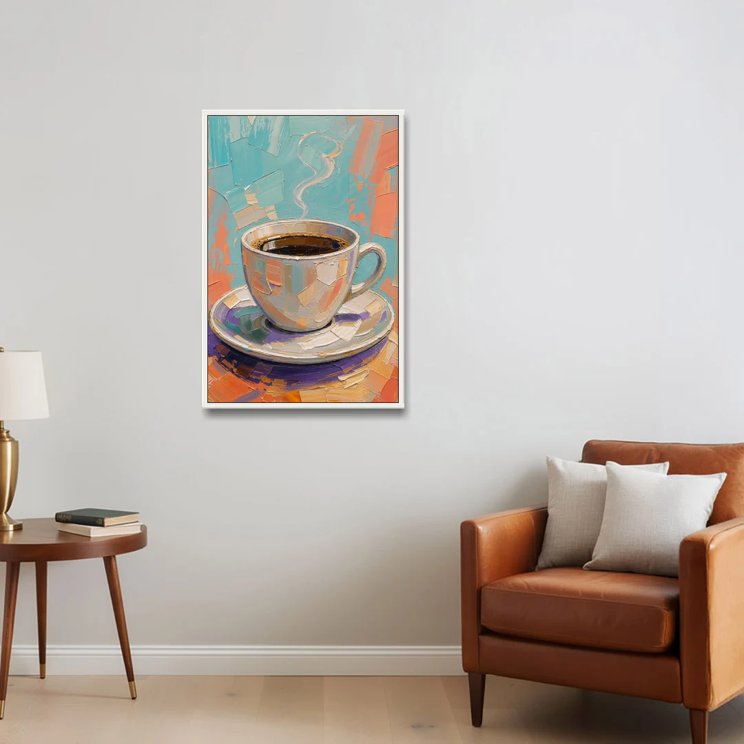 Coffee Cup Painting in Palette Knife Pastels - White Framed Canvas Wall Art - Sofa - 24x36