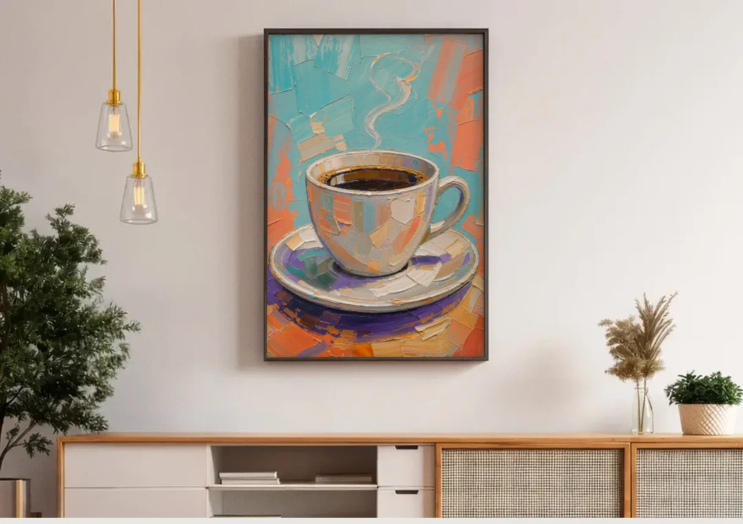 Coffee Cup Painting in Palette Knife Pastels canvas wall art above a wooden sideboard under pendant lights