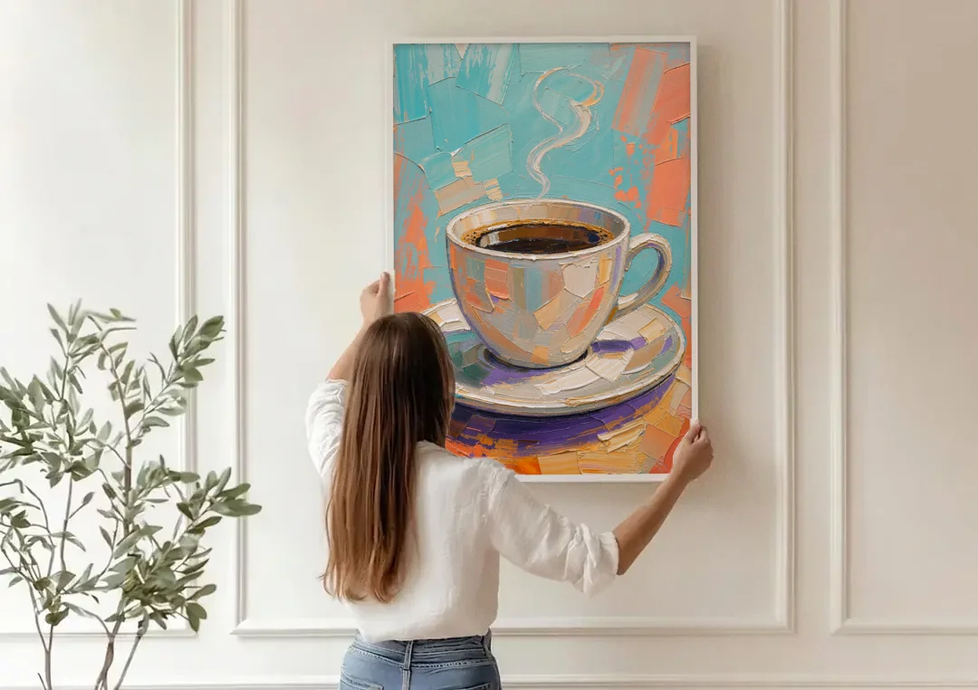 Coffee Cup Painting in Palette Knife Pastels canvas wall art being hung on a paneled wall
