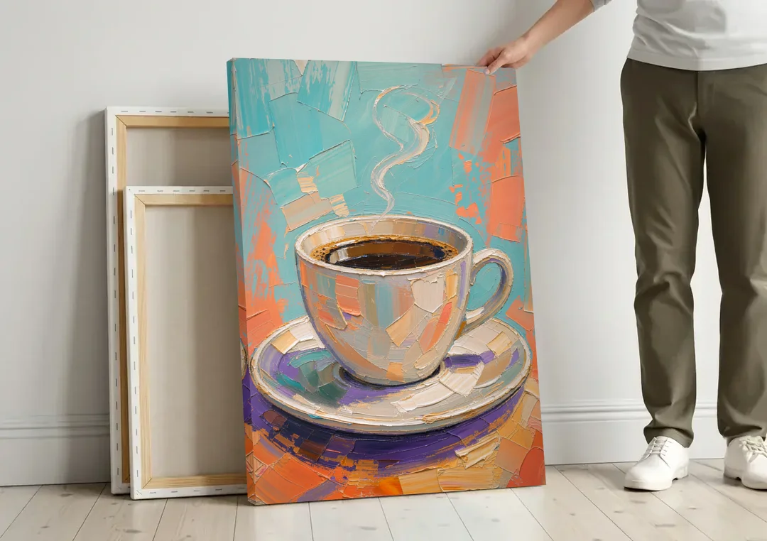Coffee Cup Painting in Palette Knife Pastels canvas wall art leaning against a wall next to blank canvases