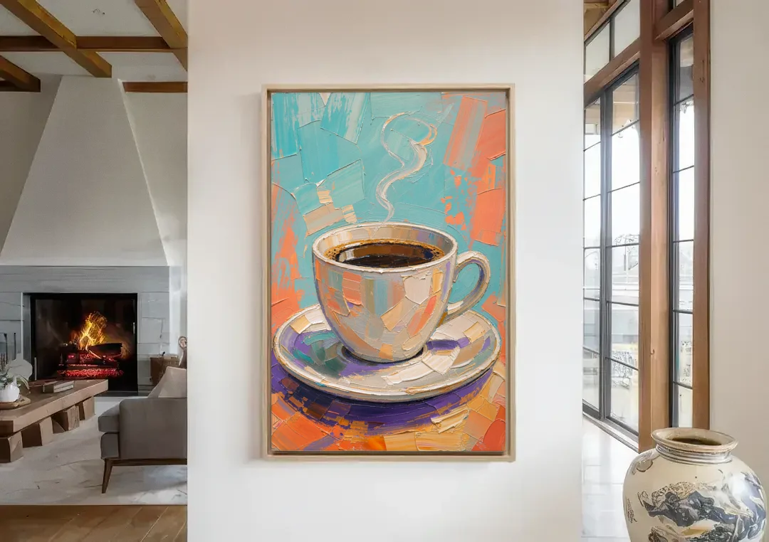Coffee Cup Painting in Palette Knife Pastels canvas wall art in a living room with a fireplace