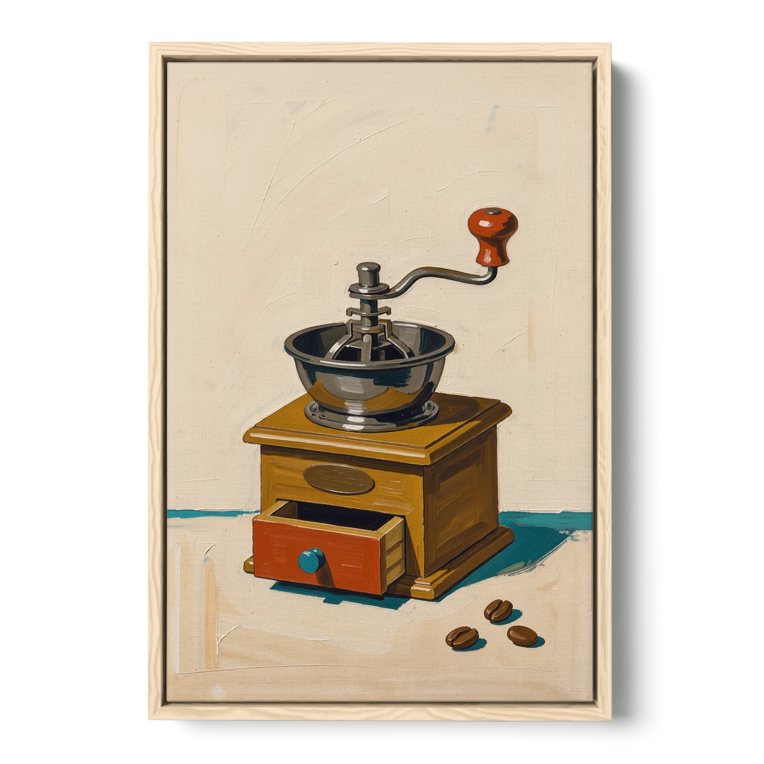 Coffee Nook Decor with a Wooden Hand Crank Grinder - Oak Framed Canvas Wall Art - Front