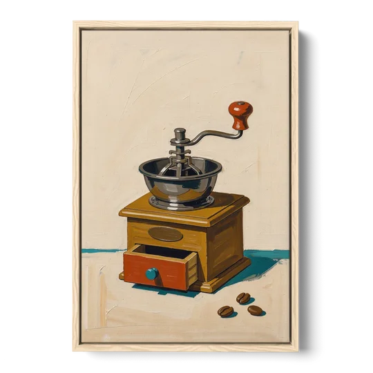 Coffee Nook Decor with a Wooden Hand Crank Grinder - Oak Framed Canvas Wall Art - Front