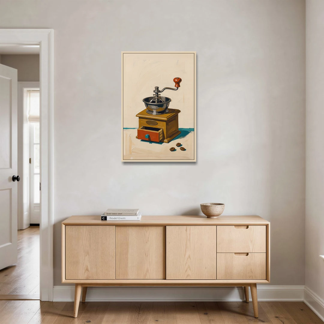 Coffee Nook Decor with a Wooden Hand Crank Grinder - Oak Framed Canvas Wall Art - Coffee Table - 24x36