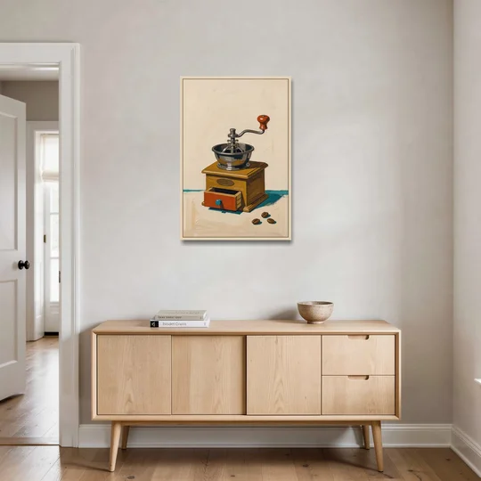 Coffee Nook Decor with a Wooden Hand Crank Grinder - Oak Framed Canvas Wall Art - Coffee Table - 24x36
