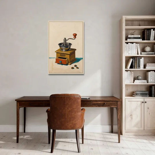 Coffee Nook Decor with a Wooden Hand Crank Grinder - Oak Framed Canvas Wall Art - Office - 24x36