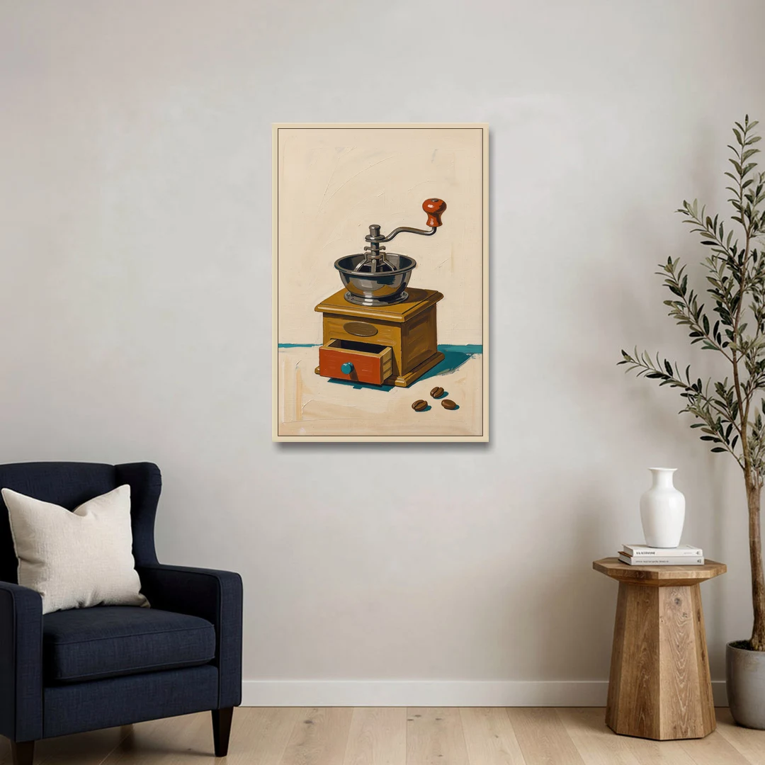 Coffee Nook Decor with a Wooden Hand Crank Grinder - Oak Framed Canvas Wall Art - Sofa - 24x36