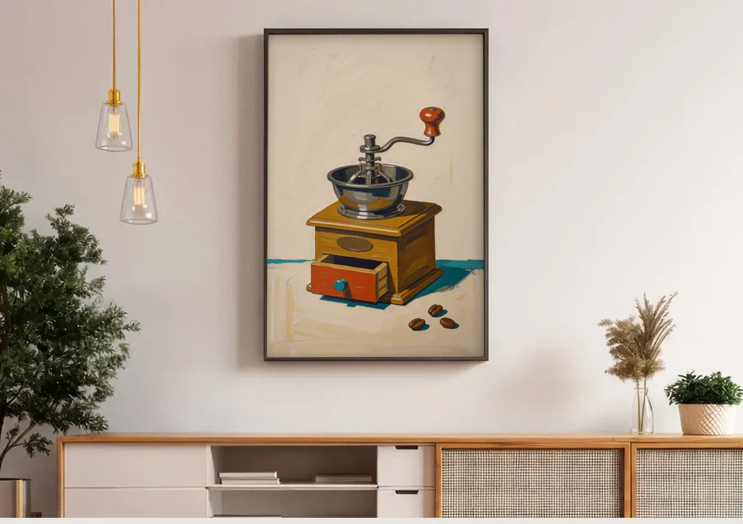 Coffee Nook Decor with a Wooden Hand Crank Grinder canvas wall art above a wooden sideboard under pendant lights