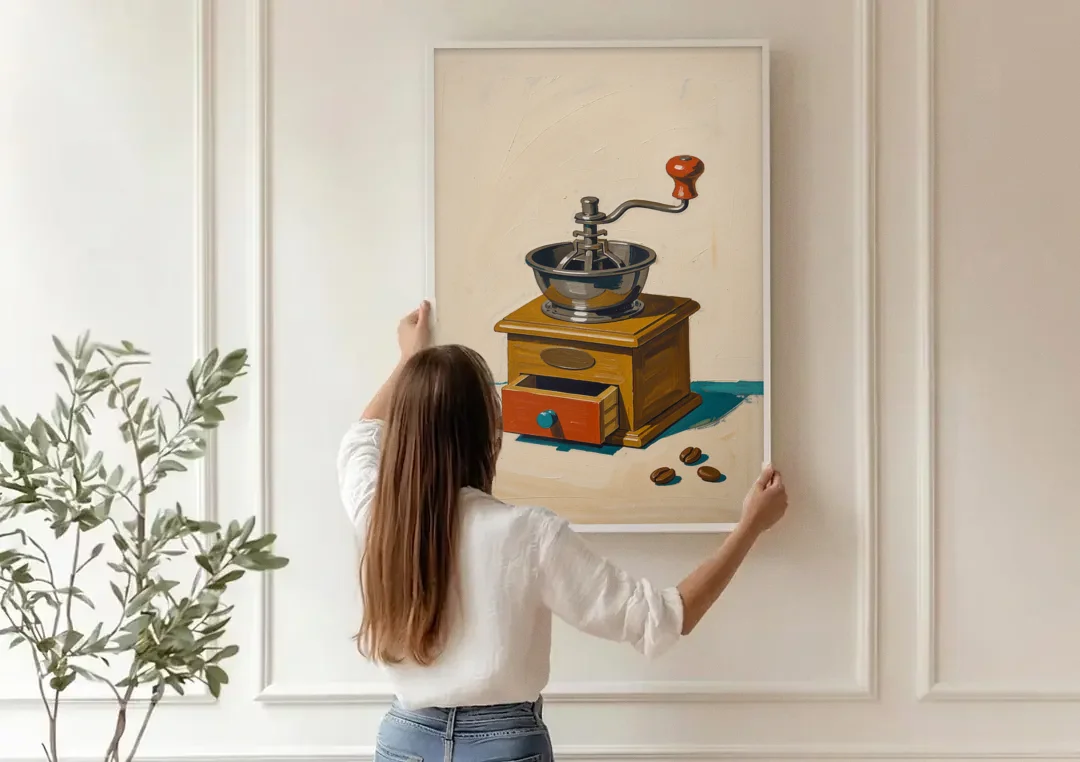 Coffee Nook Decor with a Wooden Hand Crank Grinder canvas wall art being hung on a paneled wall
