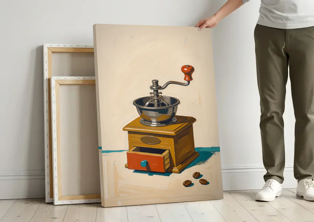 Coffee Nook Decor with a Wooden Hand Crank Grinder canvas wall art leaning against a wall next to blank canvases