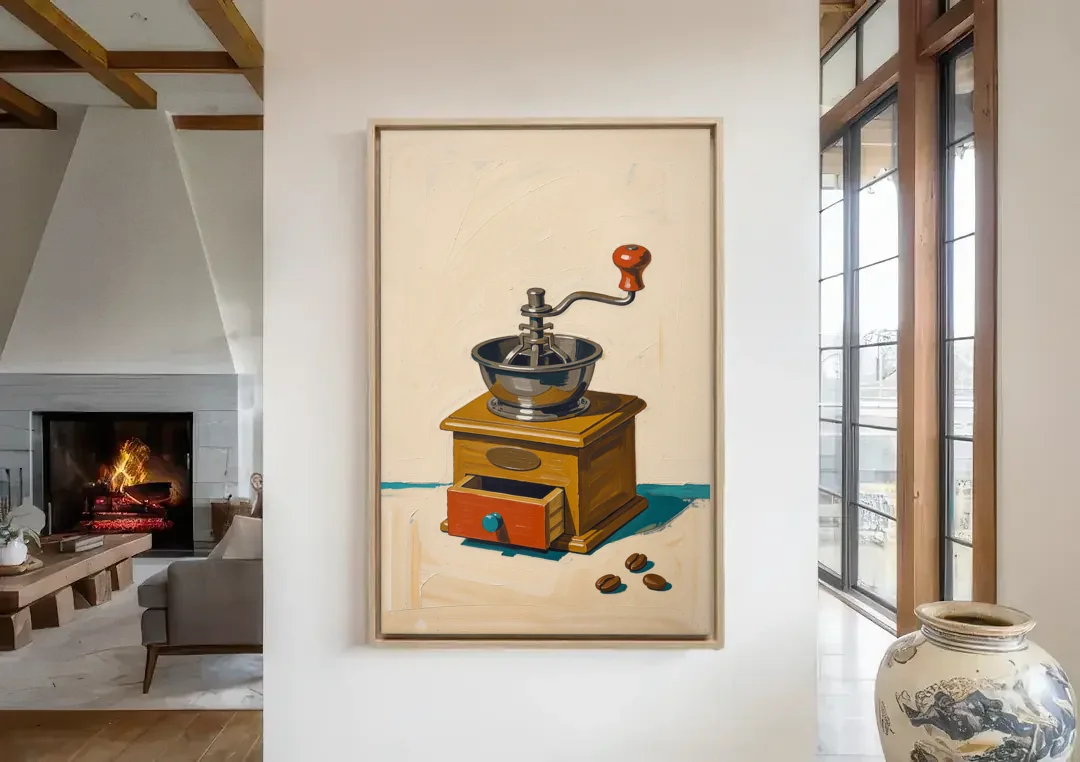 Coffee Nook Decor with a Wooden Hand Crank Grinder canvas wall art in a living room with a fireplace