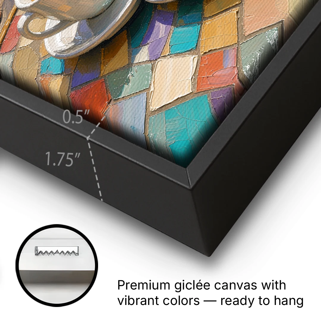 Coffee Oil Painting With Croissant on Mosaic Table - Black Framed Canvas Wall Art - Gallery Wrap Corner