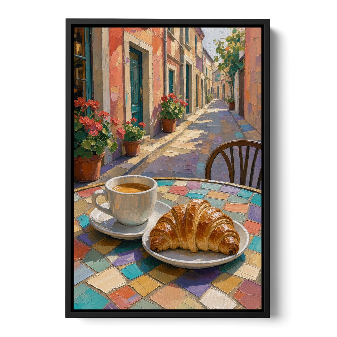 Coffee Oil Painting With Croissant on Mosaic Table - Black Framed Canvas Wall Art - Front