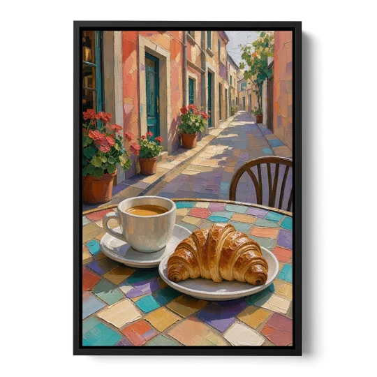 Coffee Oil Painting With Croissant on Mosaic Table - Black Framed Canvas Wall Art - Front