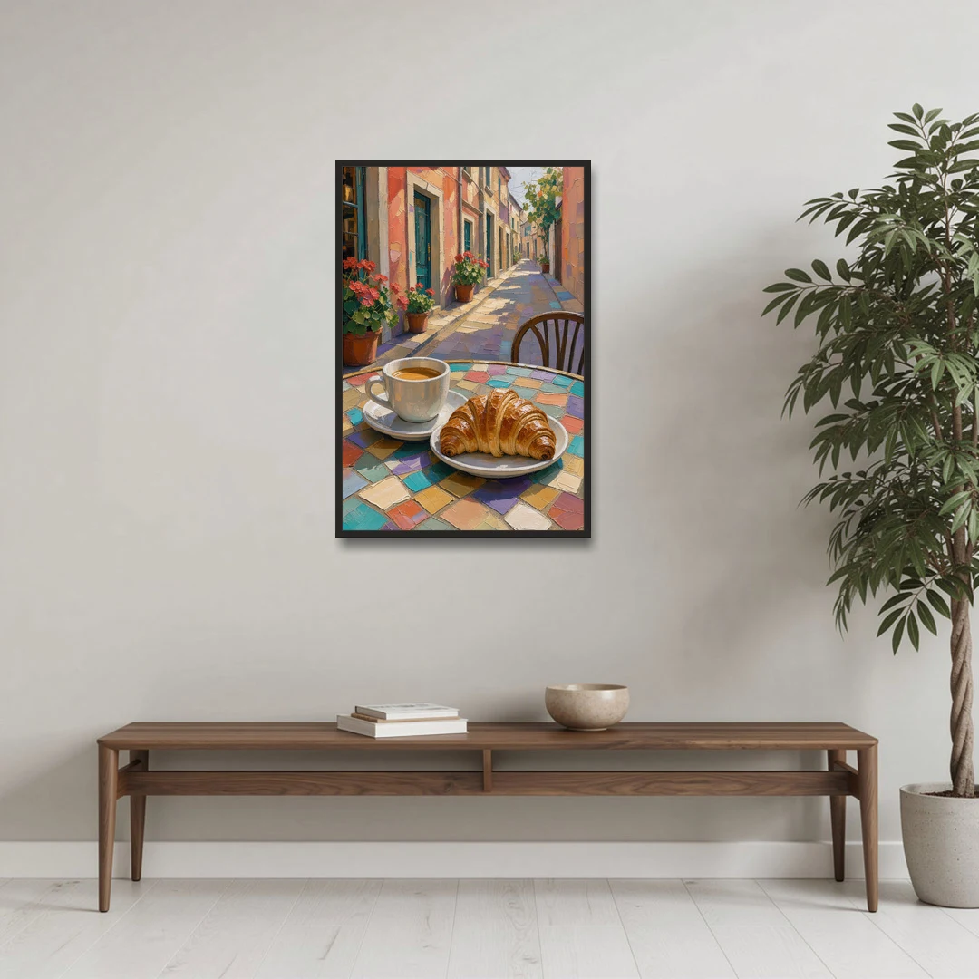 Coffee Oil Painting With Croissant on Mosaic Table - Black Framed Canvas Wall Art - Coffee Table - 24x36