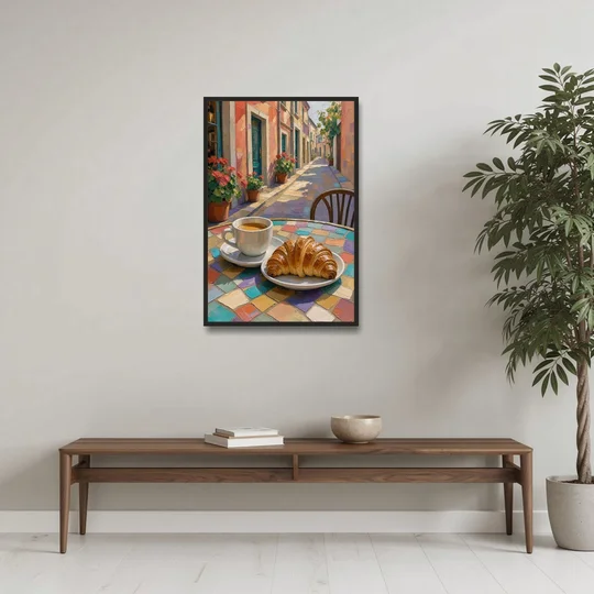 Coffee Oil Painting With Croissant on Mosaic Table - Black Framed Canvas Wall Art - Coffee Table - 24x36