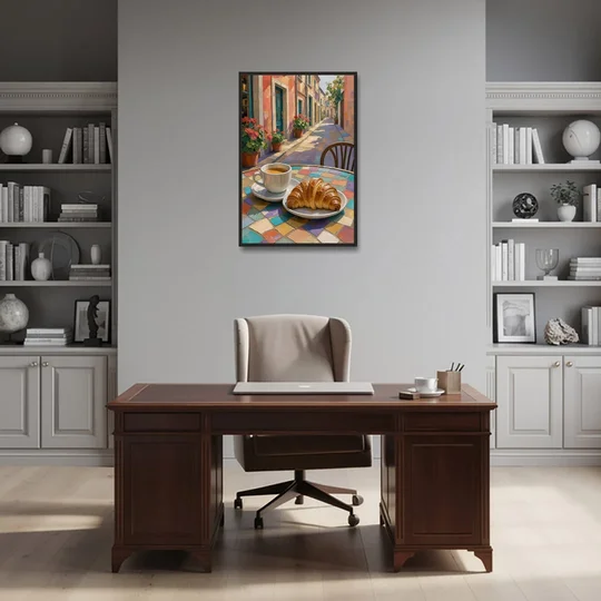 Coffee Oil Painting With Croissant on Mosaic Table - Black Framed Canvas Wall Art - Office - 24x36