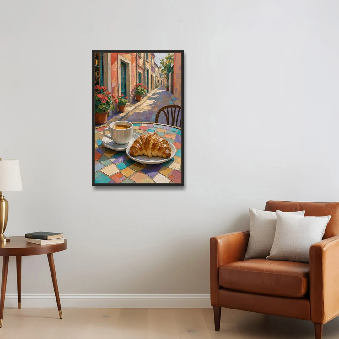 Coffee Oil Painting With Croissant on Mosaic Table - Black Framed Canvas Wall Art - Sofa - 24x36