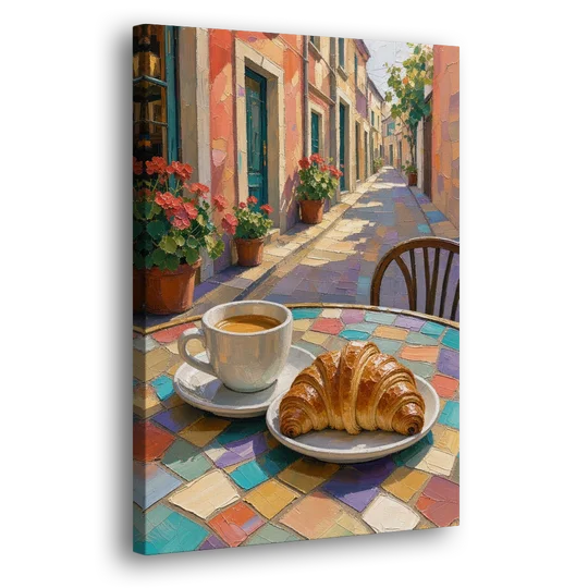 Coffee Oil Painting With Croissant on Mosaic Table - Canvas Wall Art - Side