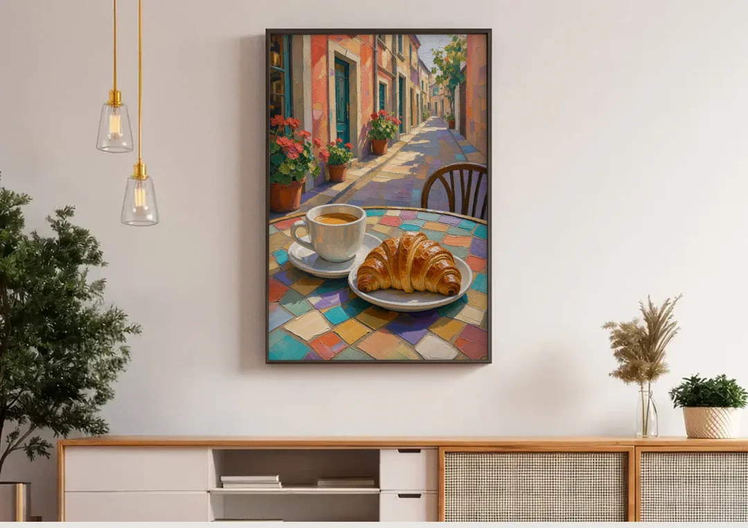 Coffee Oil Painting With Croissant on Mosaic Table canvas wall art above a wooden sideboard under pendant lights