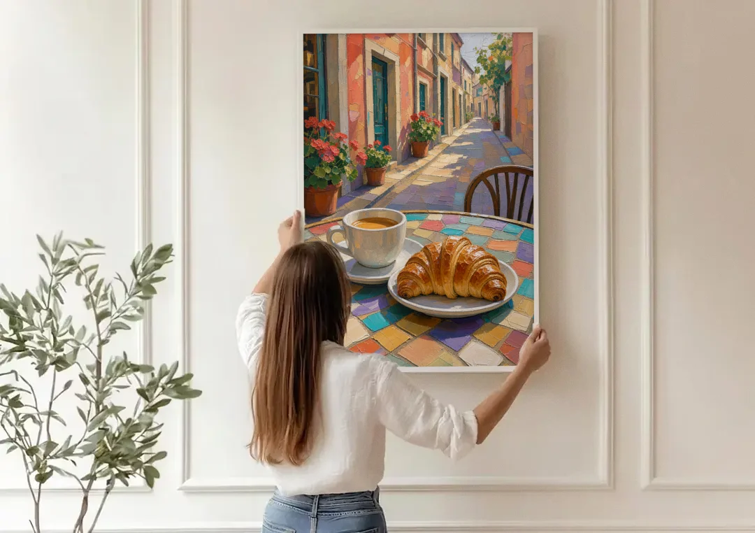 Coffee Oil Painting With Croissant on Mosaic Table canvas wall art being hung on a paneled wall