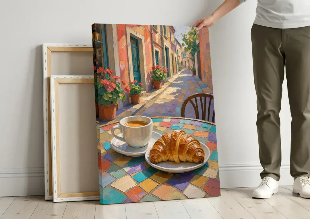 Coffee Oil Painting With Croissant on Mosaic Table canvas wall art leaning against a wall next to blank canvases