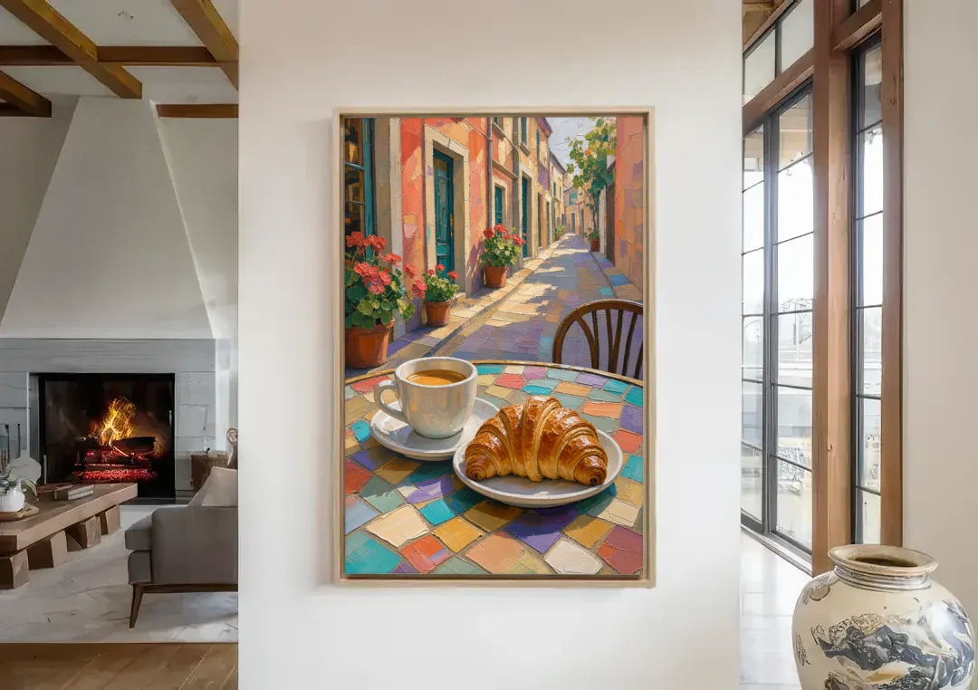 Coffee Oil Painting With Croissant on Mosaic Table canvas wall art in a living room with a fireplace