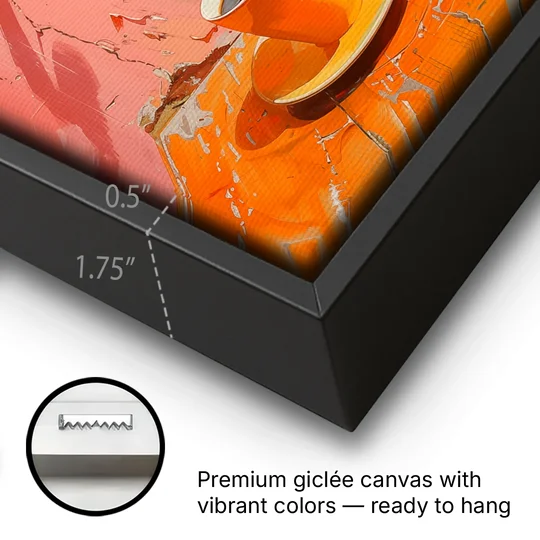 Coffee Painting with an Orange Sprig - Black Framed Canvas Wall Art - Gallery Wrap Corner