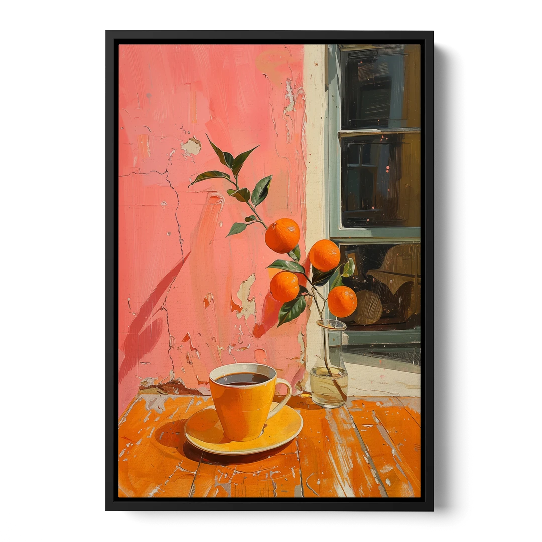 Coffee Painting with an Orange Sprig - Black Framed Canvas Wall Art - Front