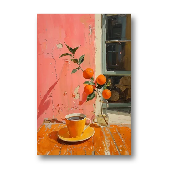 Coffee Painting with an Orange Sprig - Canvas Wall Art - Front