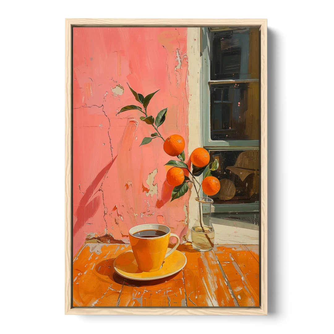 Coffee Painting with an Orange Sprig - Oak Framed Canvas Wall Art - Front