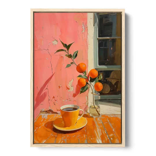 Coffee Painting with an Orange Sprig - Oak Framed Canvas Wall Art - Front