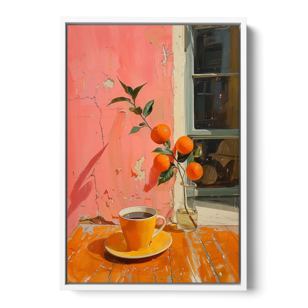 Coffee Painting with an Orange Sprig - White Framed Canvas Wall Art - Front