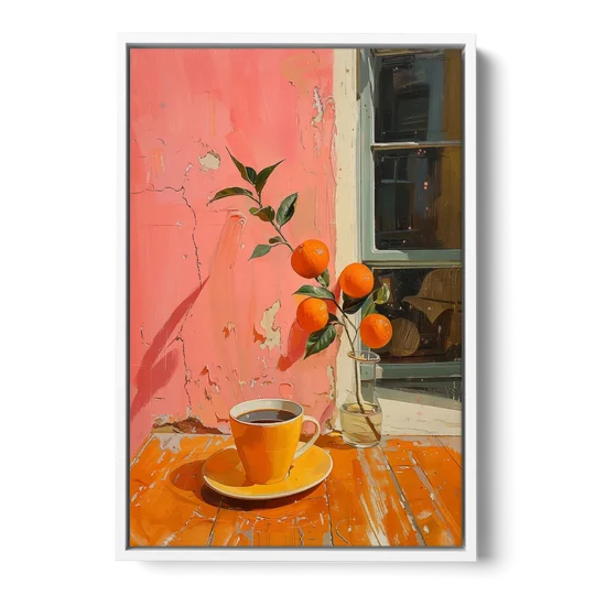 Coffee Painting with an Orange Sprig - White Framed Canvas Wall Art - Front