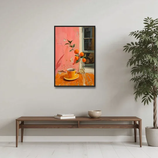 Coffee Painting with an Orange Sprig - Black Framed Canvas Wall Art - Coffee Table - 24x36