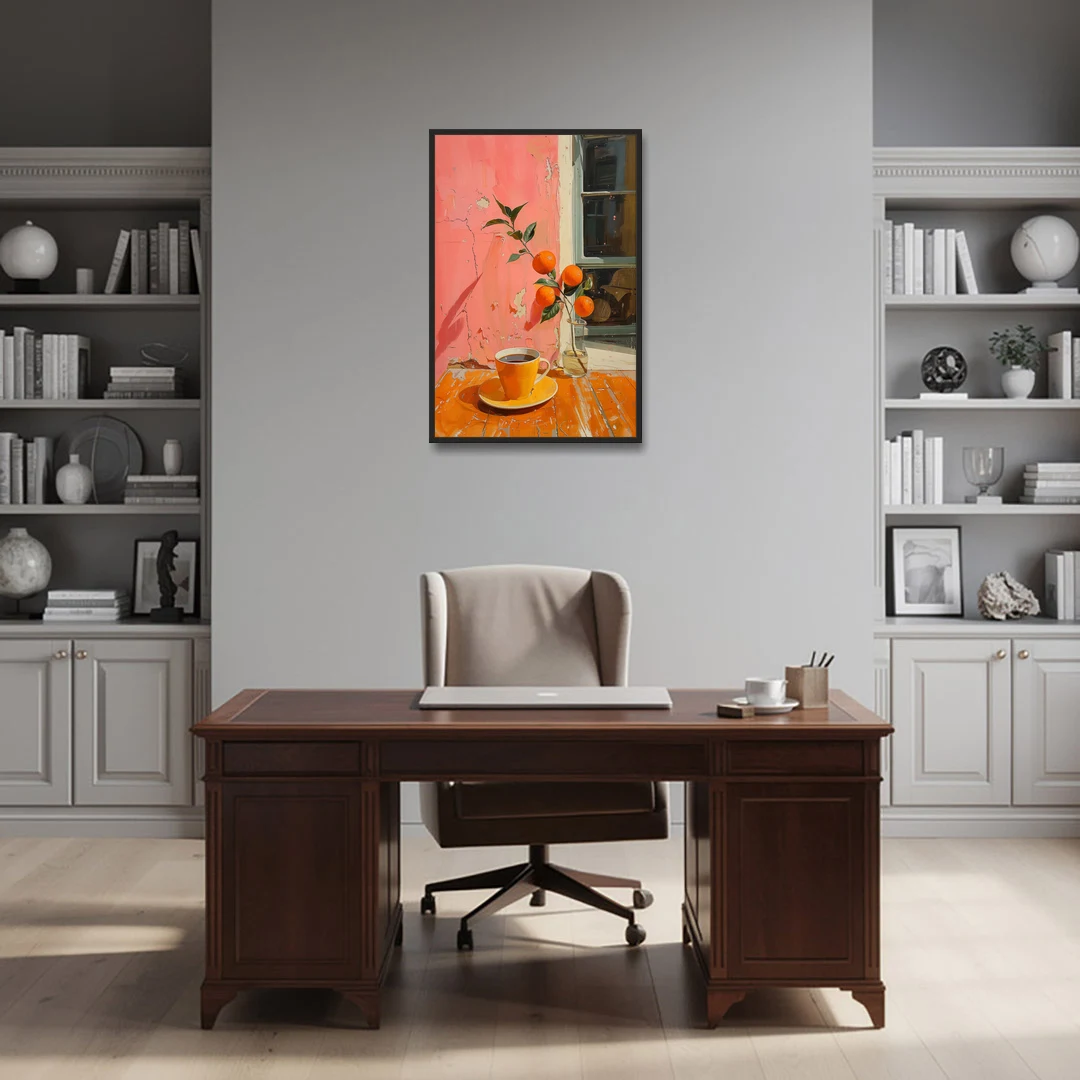 Coffee Painting with an Orange Sprig - Black Framed Canvas Wall Art - Office - 24x36