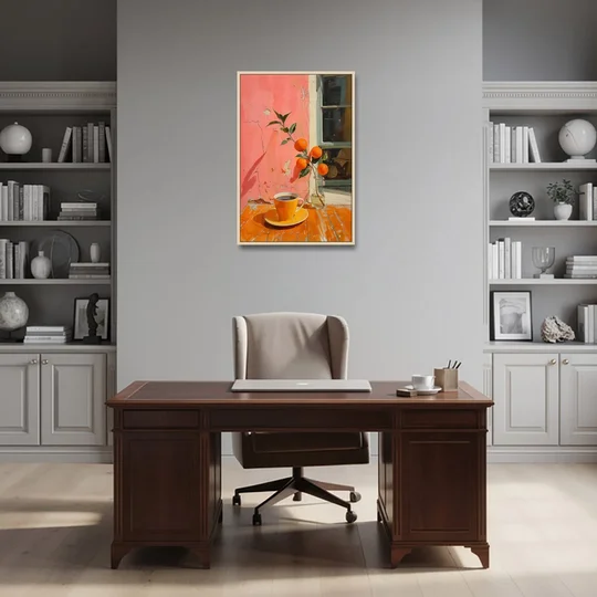 Coffee Painting with an Orange Sprig - Oak Framed Canvas Wall Art - Office - 24x36