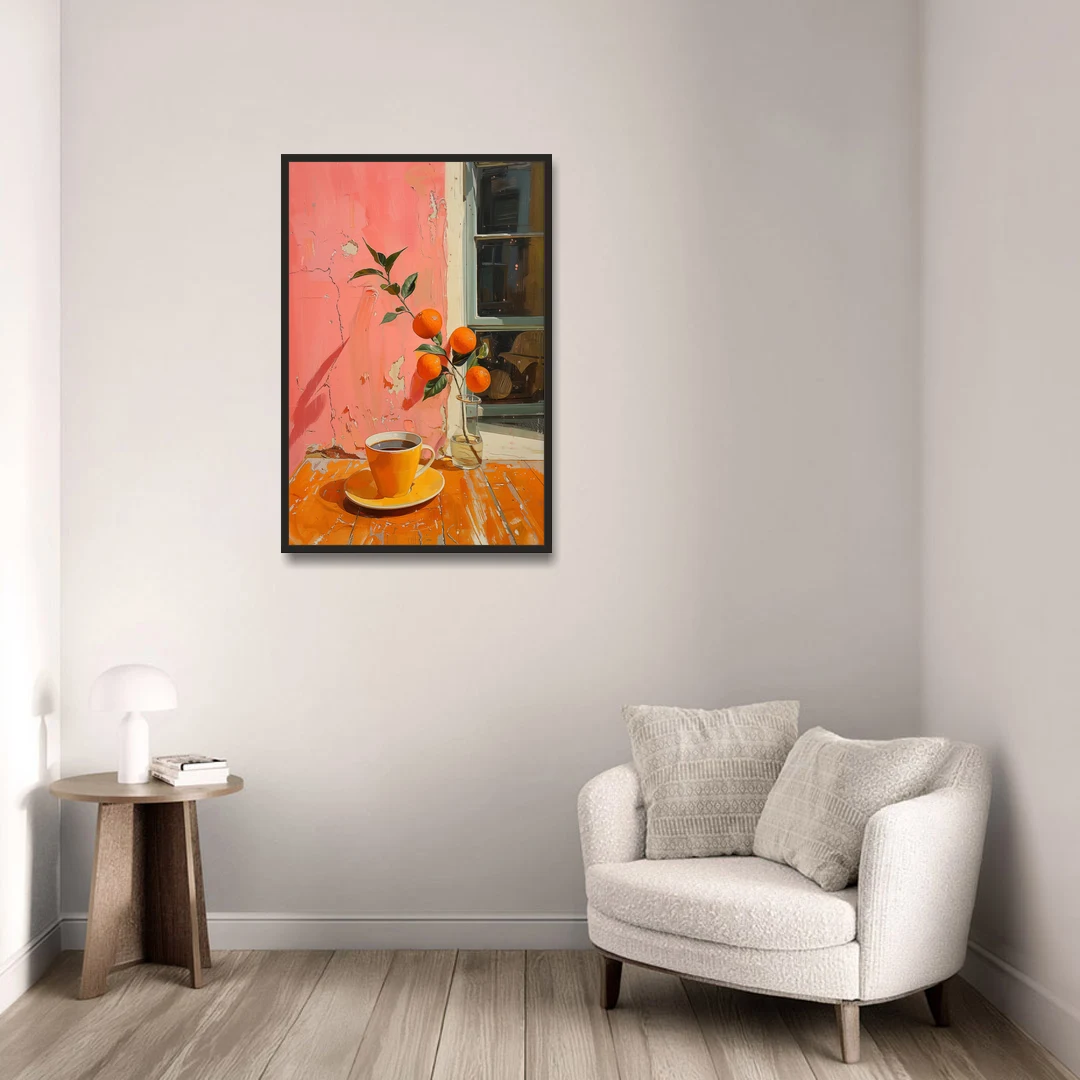 Coffee Painting with an Orange Sprig - Black Framed Canvas Wall Art - Sofa - 24x36