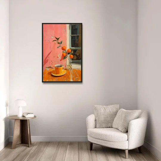 Coffee Painting with an Orange Sprig - Black Framed Canvas Wall Art - Sofa - 24x36