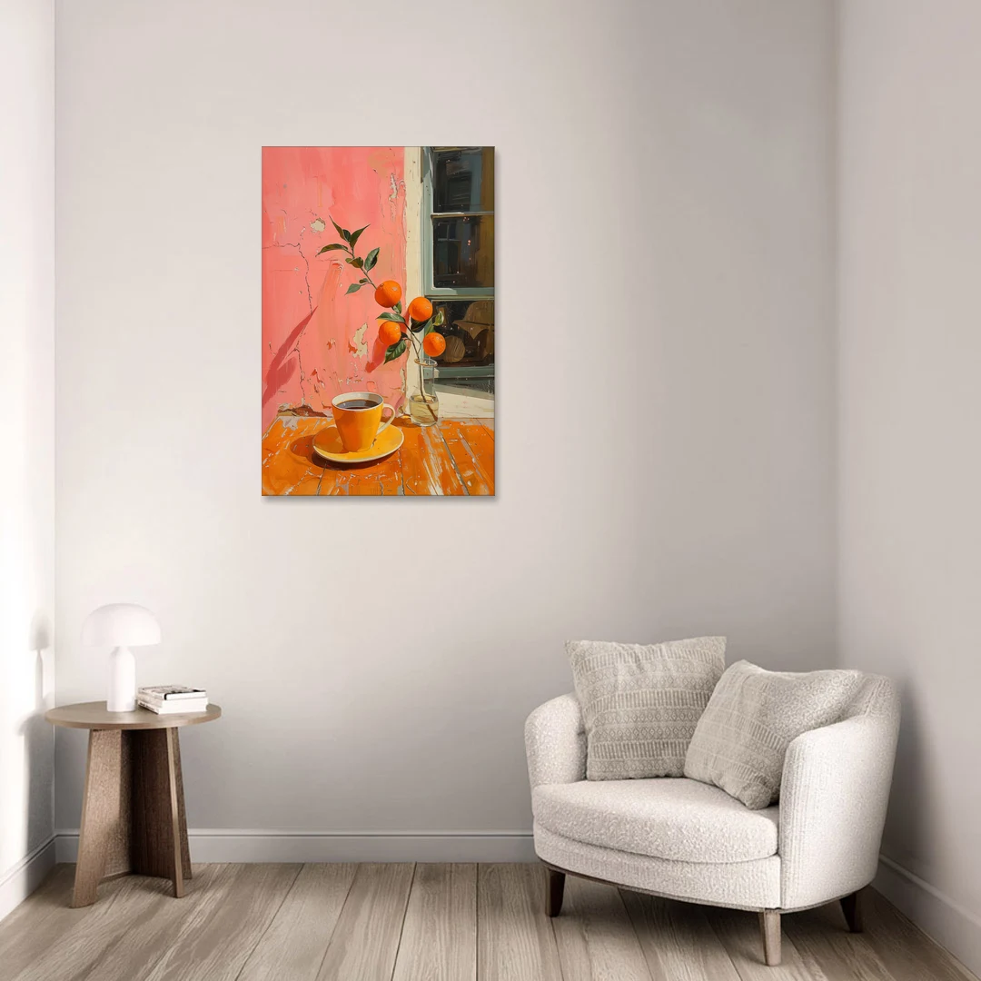 Coffee Painting with an Orange Sprig - Canvas Wall Art - Sofa - 24x36