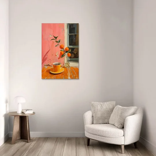 Coffee Painting with an Orange Sprig - Canvas Wall Art - Sofa - 24x36